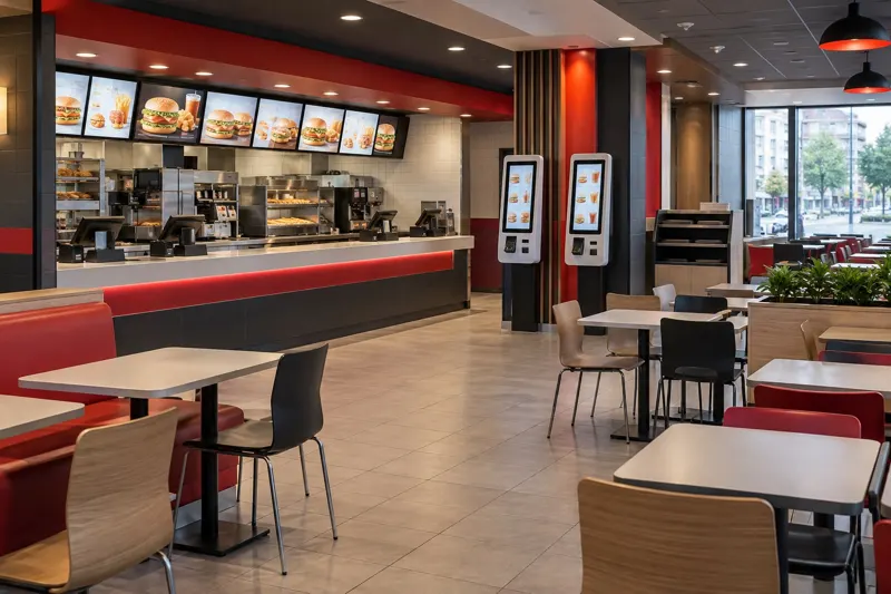 Açılışa hazırlanmış fast-food şubesi salonu ve servis bankosu